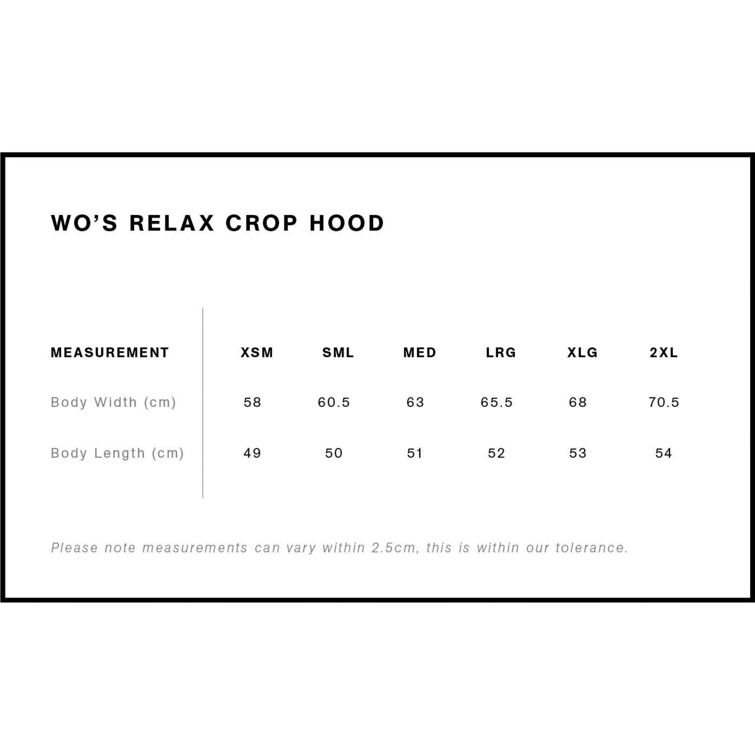 Measurement chart for 'Wo's Relax Crop Hood' with size options and dimensions.