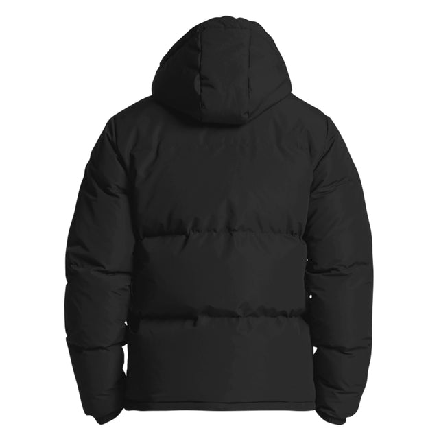 Unisex black hooded puffer jacket with Fragffiti crown embroidery on left chest, back view