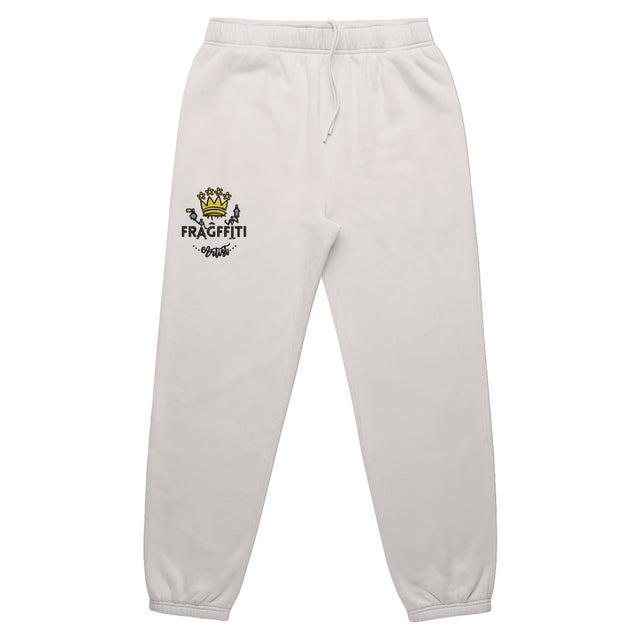 Mens relax track pants in bone with crown embroidery (front)