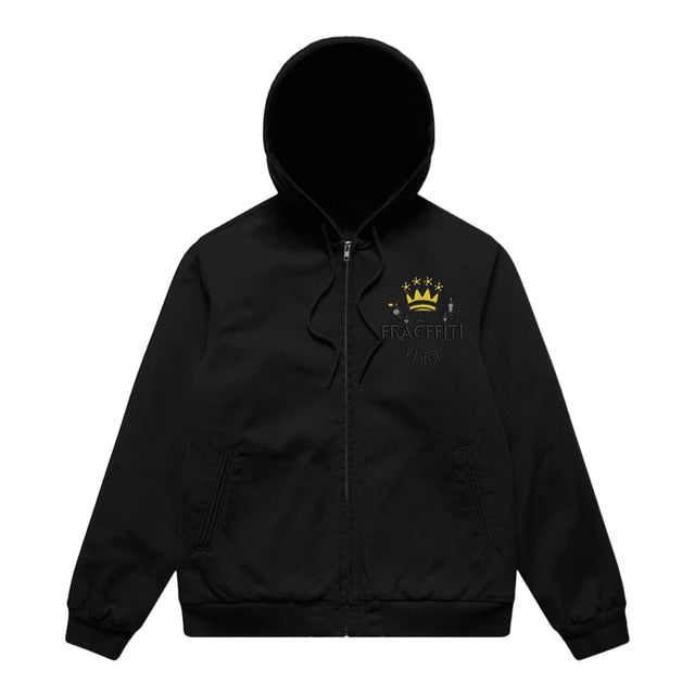 Unisex Black canvas bomber hood jacket with Fragffiti crown embroidery on left chest, front view
