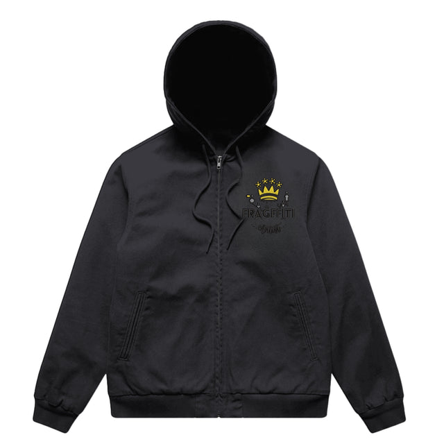 Unisex Ink Blue canvas bomber hood jacket with Fragffiti crown embroidery on left chest, front view