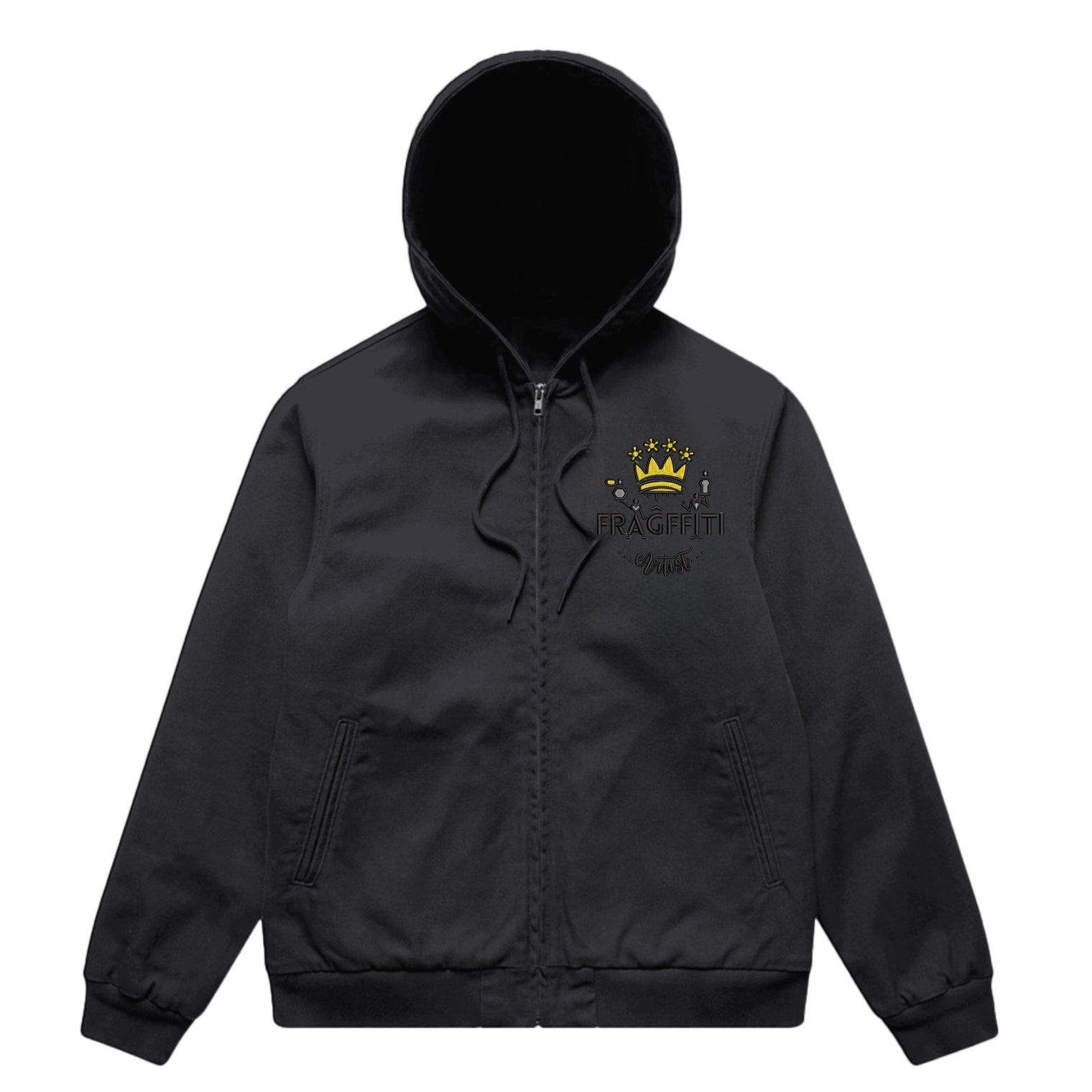 Unisex Ink Blue canvas bomber hood jacket with Fragffiti crown embroidery on left chest, front view