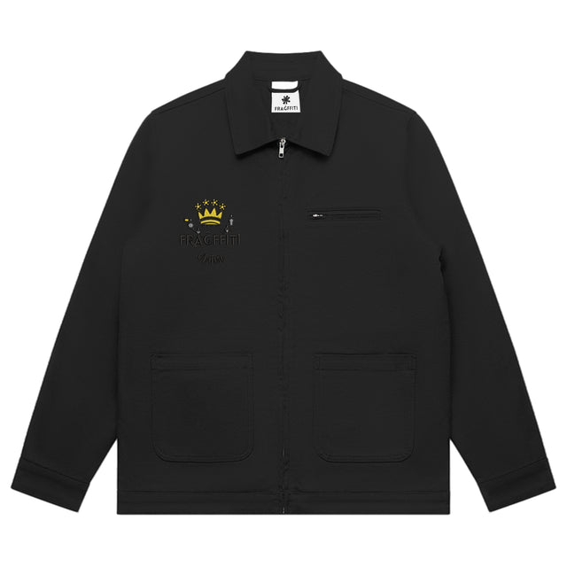 Unisex canvas heavy jacket in black with crown embroidery (front view)