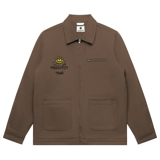 Unisex canvas heavy jacket in walnut with crown embroidery (front view)