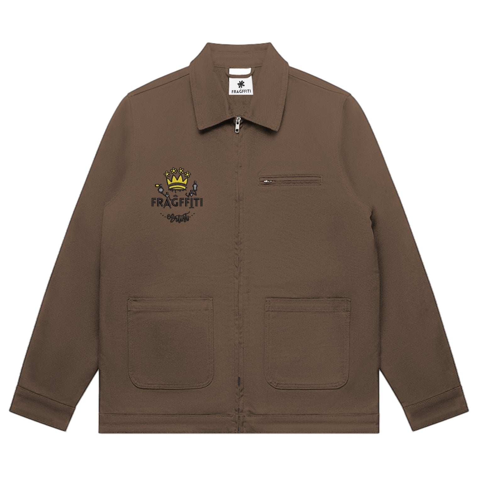 Unisex canvas heavy jacket in walnut with crown embroidery (front view)