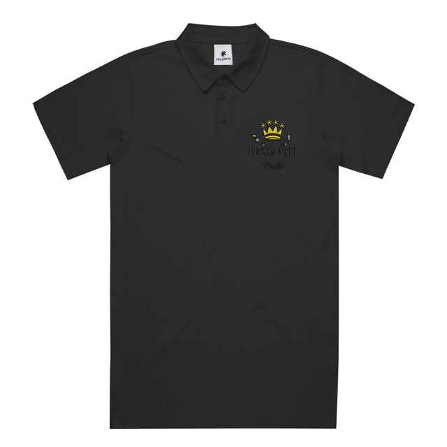 Unisex Chad Polo in Black with Fragfitti™ crown embroidery, front view.