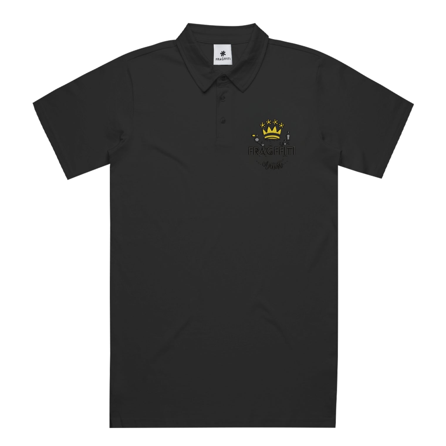 Unisex Chad Polo in Black with Fragfitti™ crown embroidery, front view.