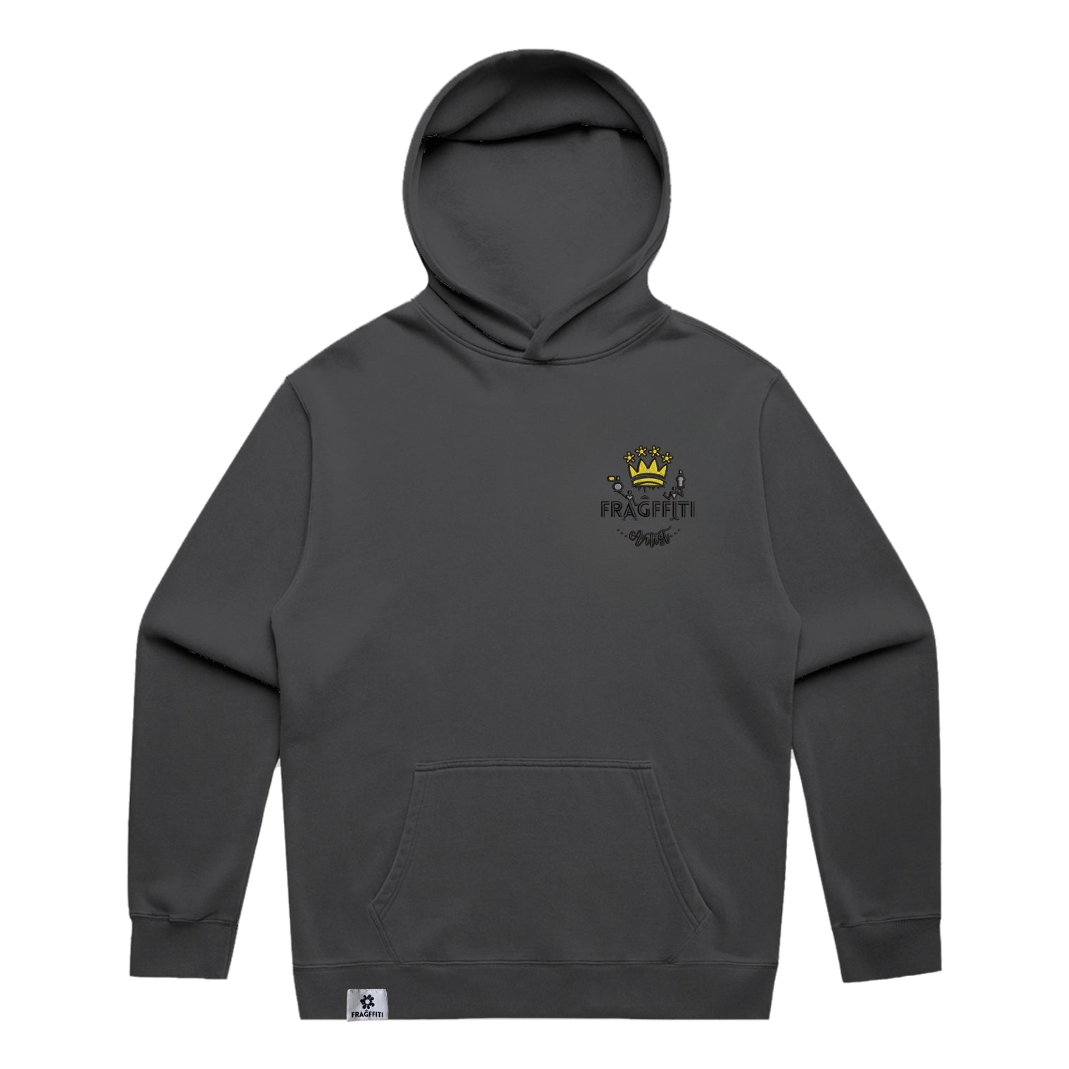 Unisex Fraĝffiti Relax Faded Hoodie in Faded Black – Front View – Featuring Fraĝffiti Crown Embroidery