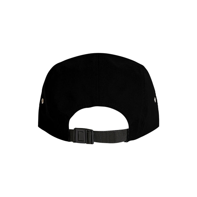 Unisex Finn Five Panel Cap in Black, back view with adjustable strap and breathable cotton finish