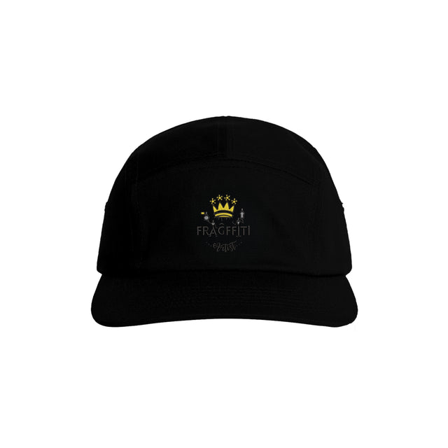 Unisex Finn Five Panel Cap in Black, front view with Fragffiti™ crown embroidery