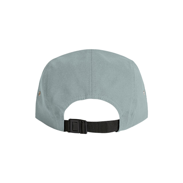 Unisex Finn Five Panel Cap in Mineral, back view with adjustable strap and breathable cotton finish
