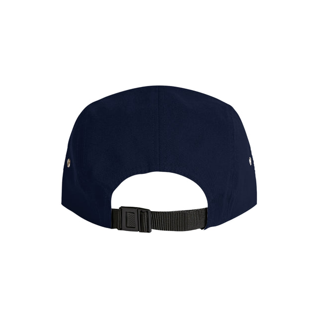 Unisex Finn Five Panel Cap in Navy, back view with adjustable strap and breathable cotton finish