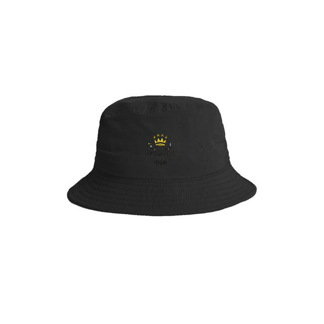 Unisex Nylon Bucket Hat in Black, front view with Fragffiti™ crown embroidery