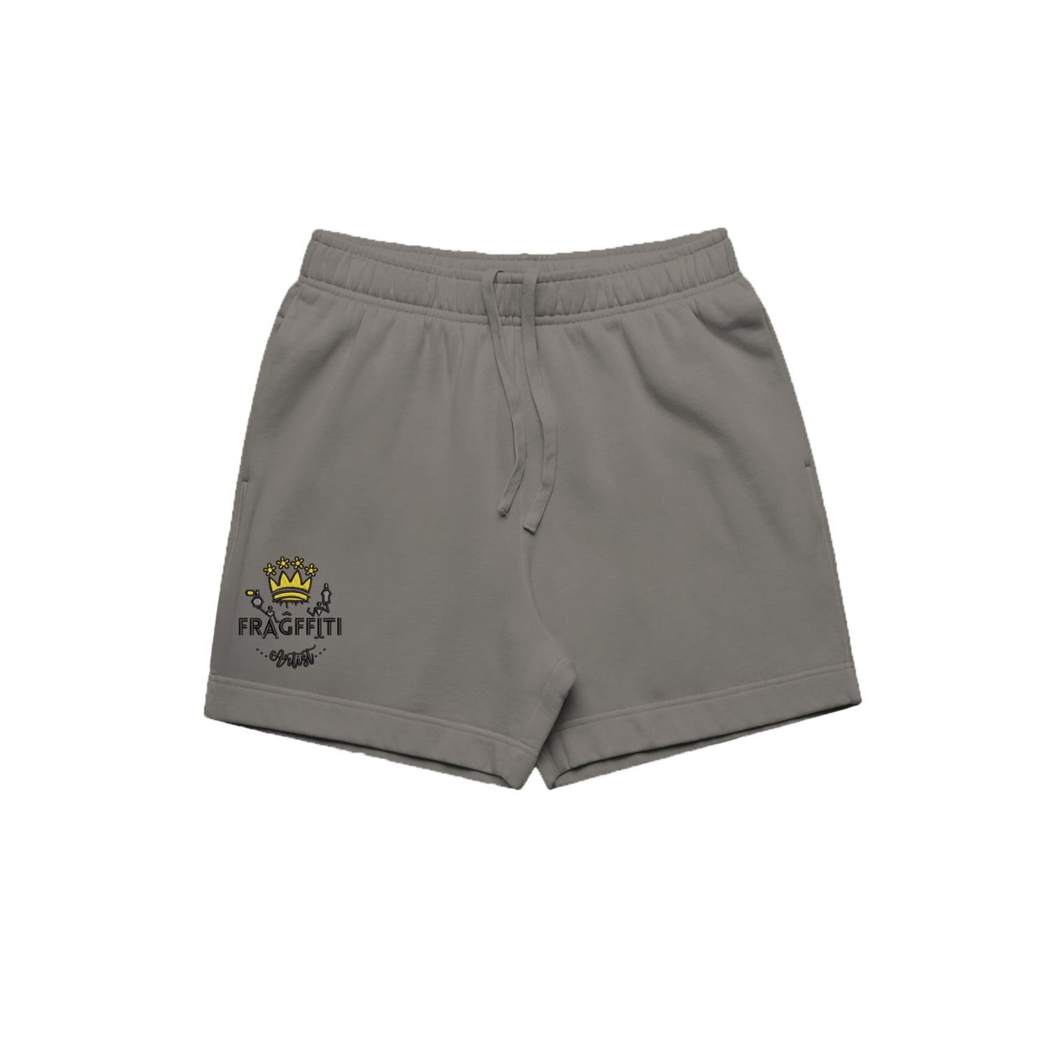 unisex relax faded fleece shorts in faded grey with crown embroidery (front)