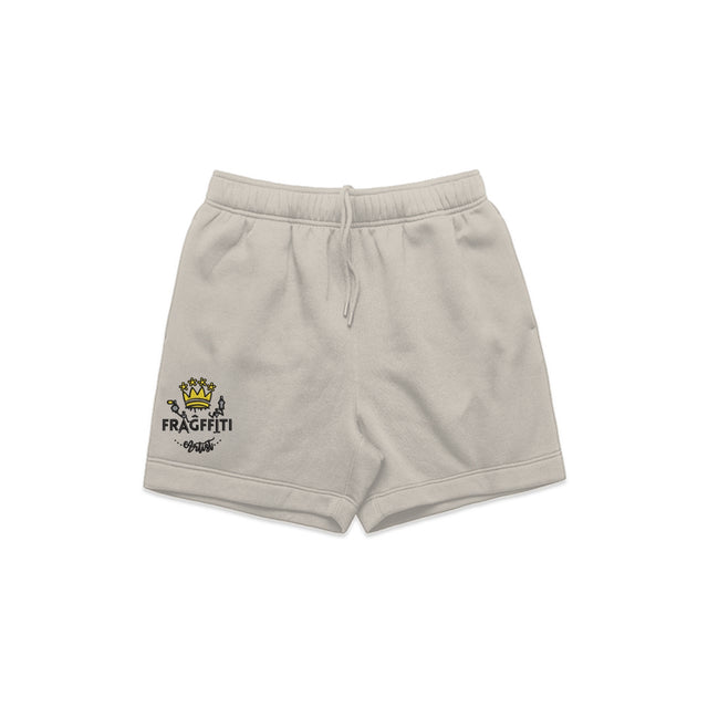 unisex relax shorts in bone with crown embroidery (front)