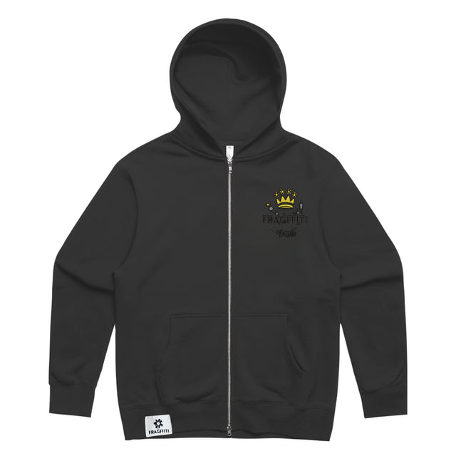 Unisex relax zip hoodie in black with crown embroidery (front)