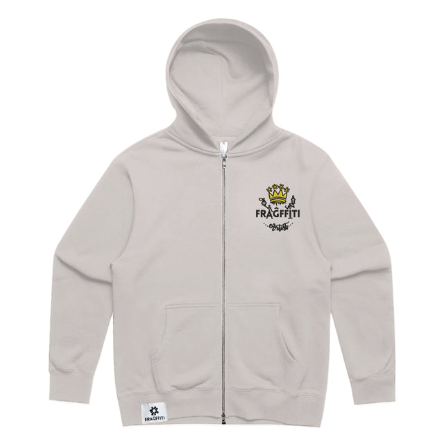 Unisex relax zip hoodie in bone with crown embroidery (front)
