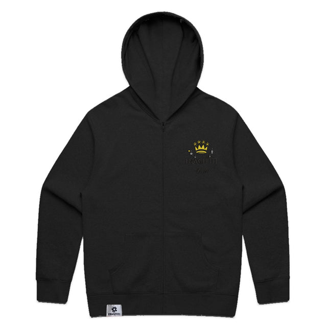 Unisex relax zip hood in black with crown embroidery (front)