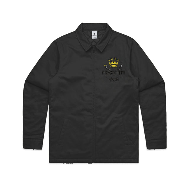 Unisex black service jacket with Fragffiti crown embroidery on left chest, front view