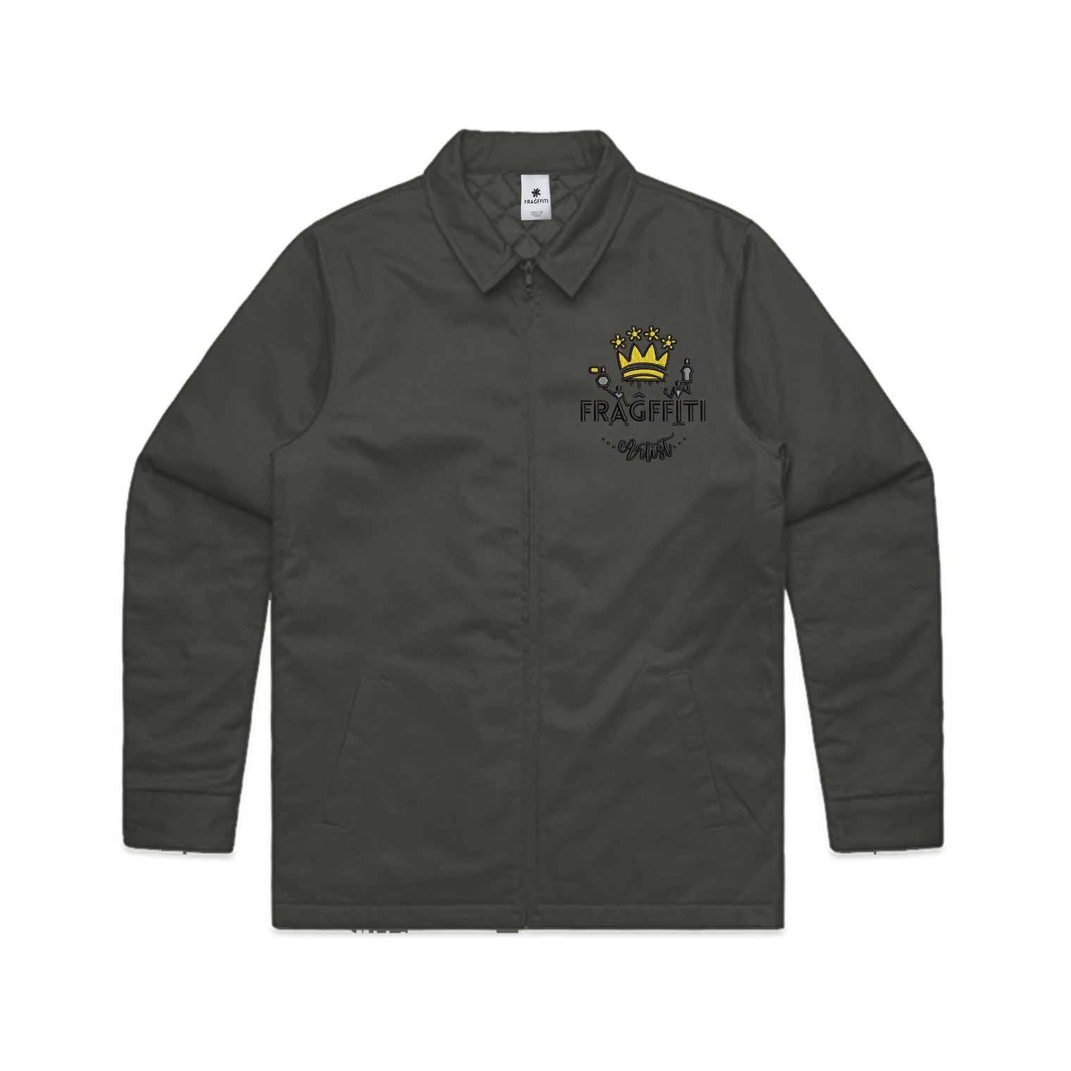 Unisex cypress service jacket with Fragffiti crown embroidery on left chest, front view