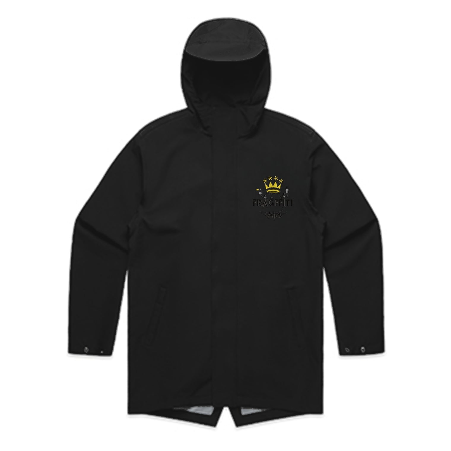 Unisex tech jacket in black with crown embroidery (front view)