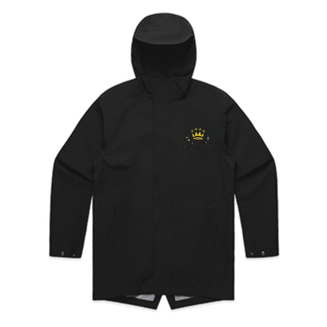 Unisex tech jacket in black with crown embroidery (front view)