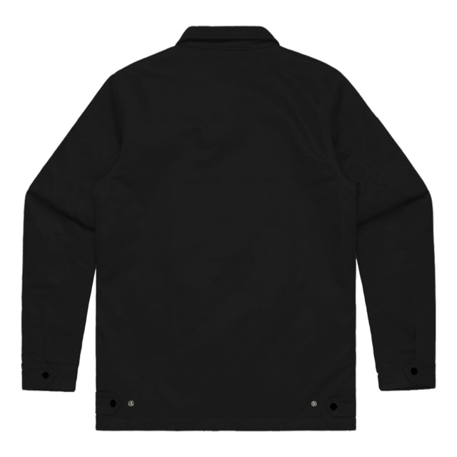 Unisex black work jacket with Fragffiti crown embroidery on back, back view