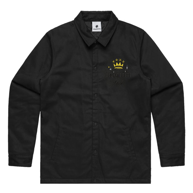 Unisex black work jacket with Fragffiti crown embroidery on left chest, front view