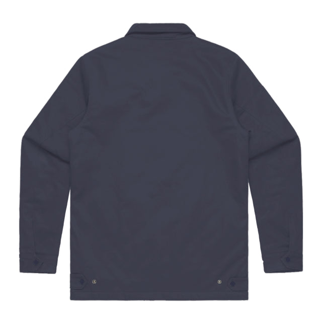 Unisex navy work jacket with Fragffiti crown embroidery on back, back view