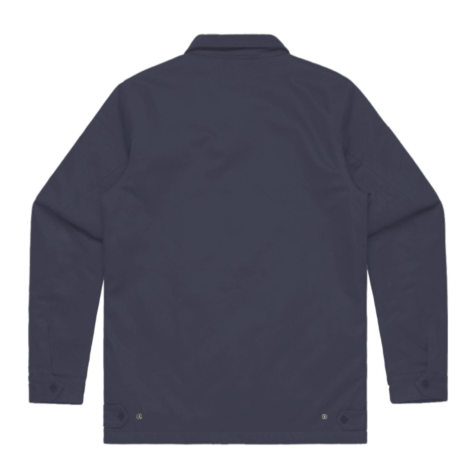 Unisex navy work jacket with Fragffiti crown embroidery on back, back view