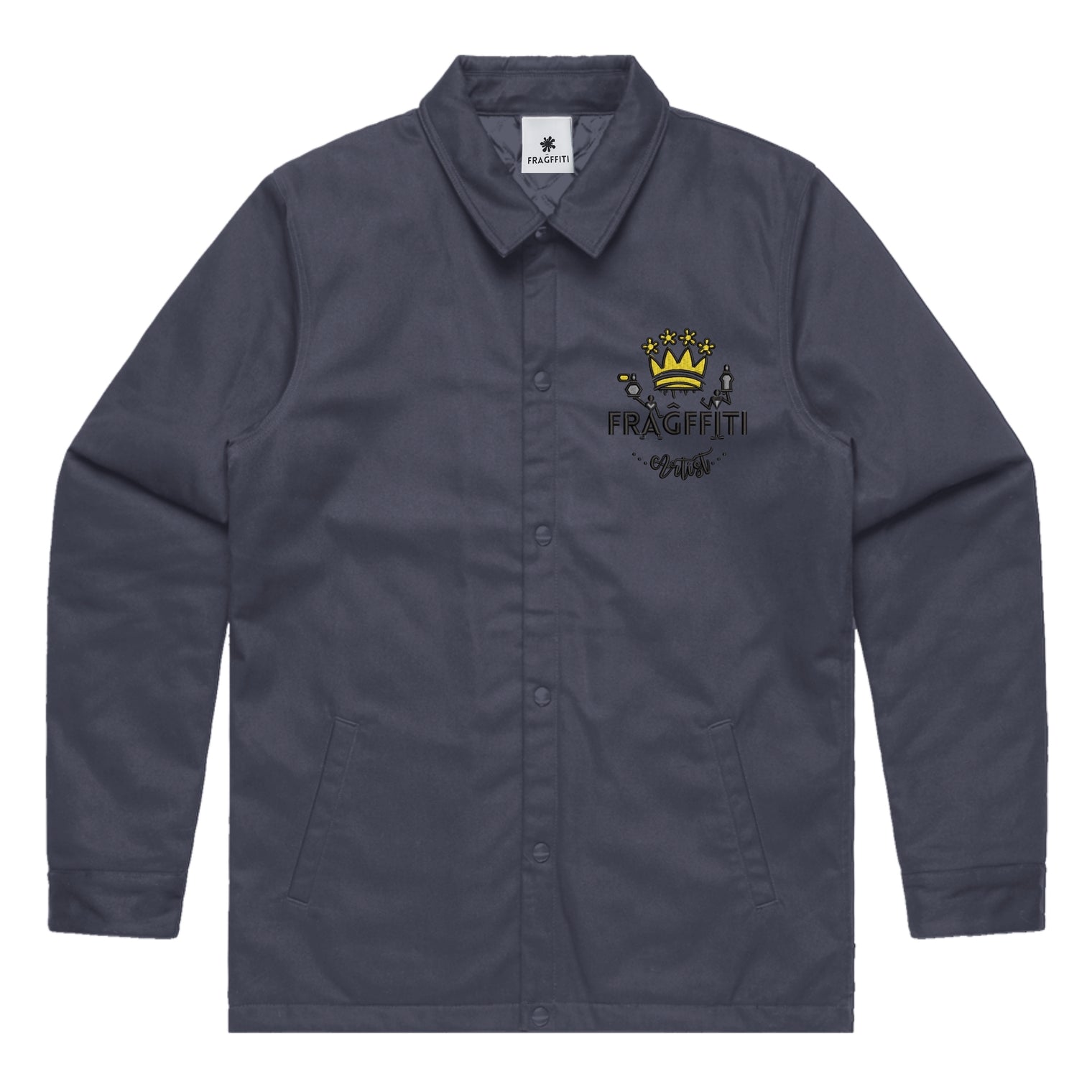 Unisex navy work jacket with Fragffiti crown embroidery on left chest, front view