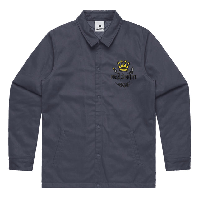 Unisex navy work jacket with Fragffiti crown embroidery on left chest, front view