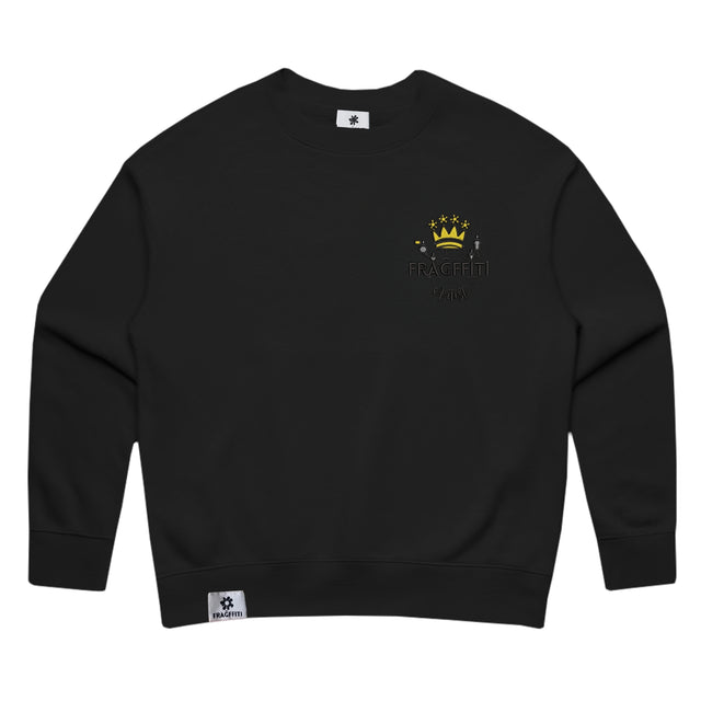 Alt text: Womens Relax Crew in black with crown embroidery (front