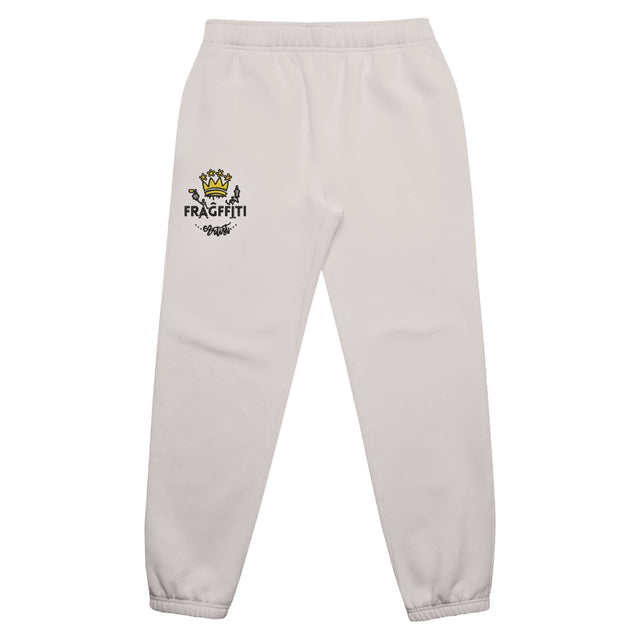 Women's relax track pants in bone with crown embroidery – front view