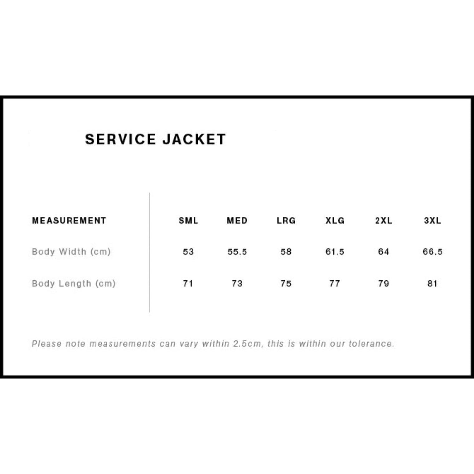 Measurement chart for Service Jacket with size chart on a white background