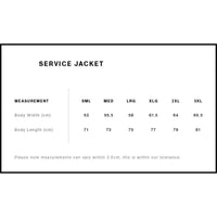 Measurement chart for Service Jacket with size chart on a white background