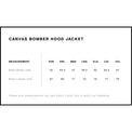 Canvas Bomber Hood Jacket size chart with measurements in centimeters