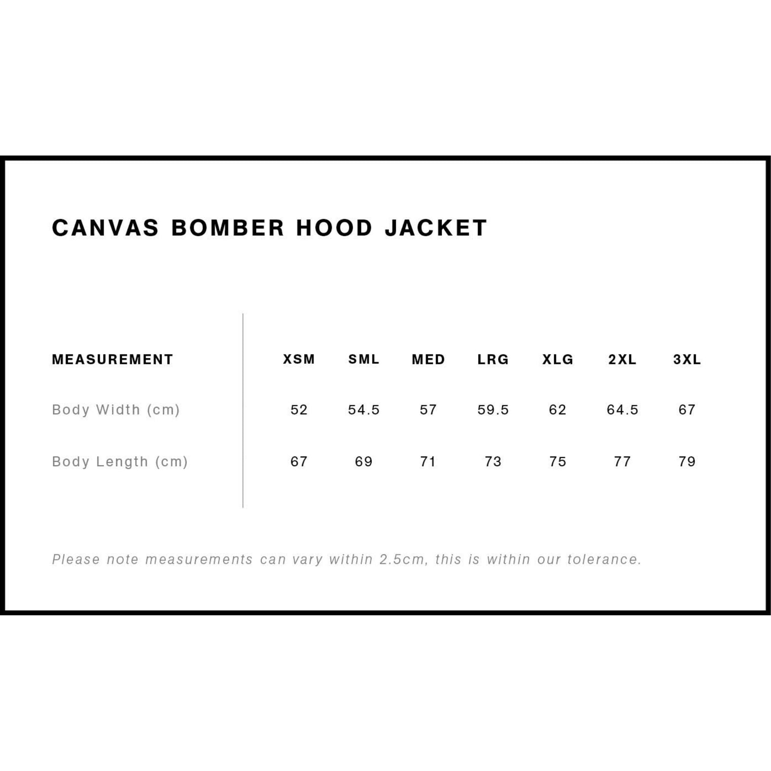 Canvas Bomber Hood Jacket size chart with measurements in centimeters