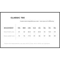 Size chart for a classic tee with measurements in centimeters for various sizes.