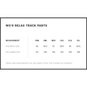 Measurement chart for women's relax track pants with size options and dimensions.