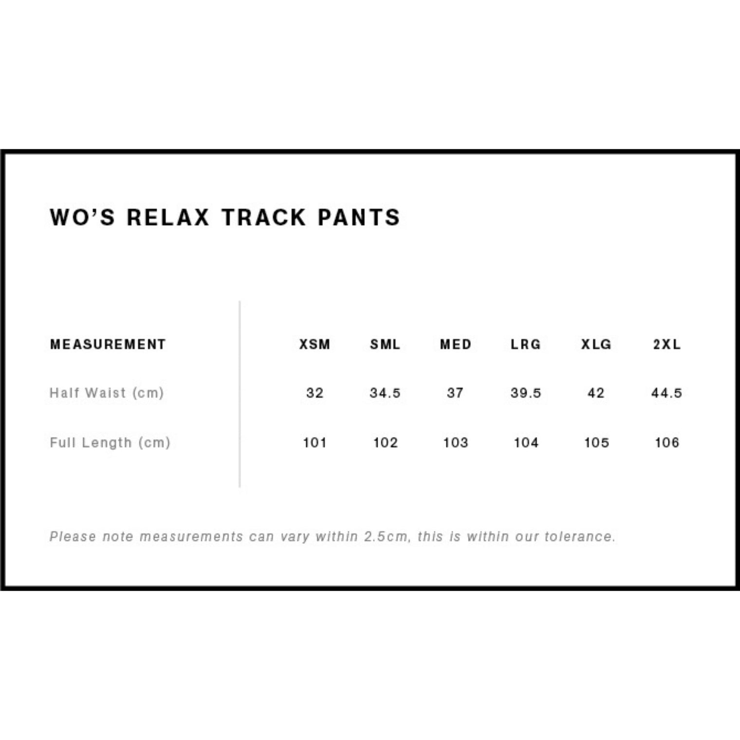 Measurement chart for women's relax track pants with size options and dimensions.