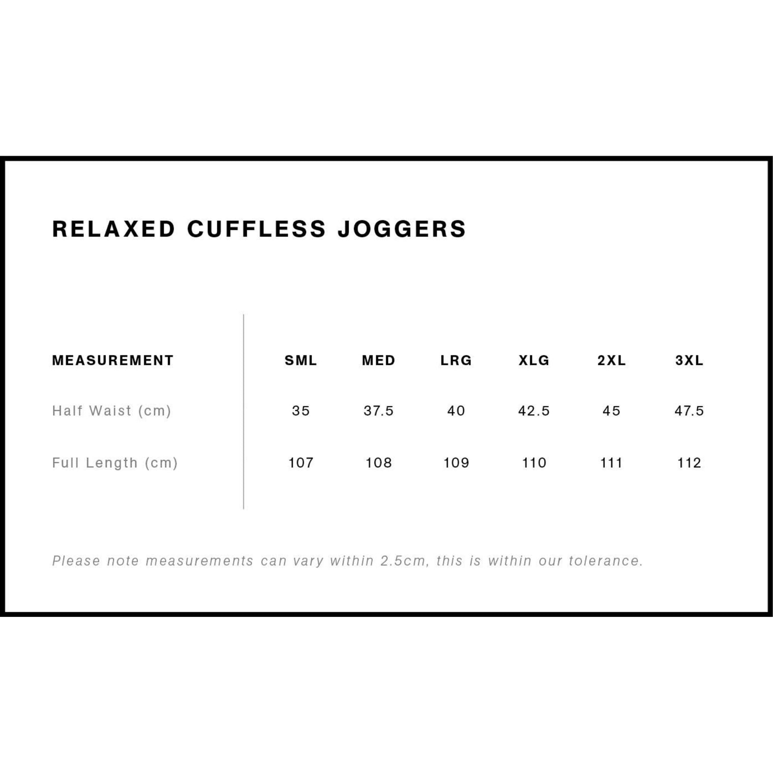 Measurement chart for relaxed cuffless joggers with size options and dimensions.