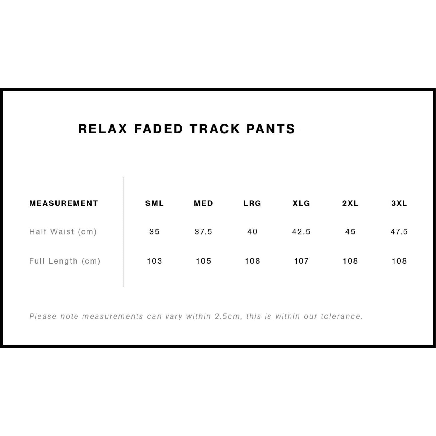 Measurement chart for Relax Faded Track Pants model on a white background.