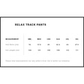 Measurement chart for the relax track pants with size chart.