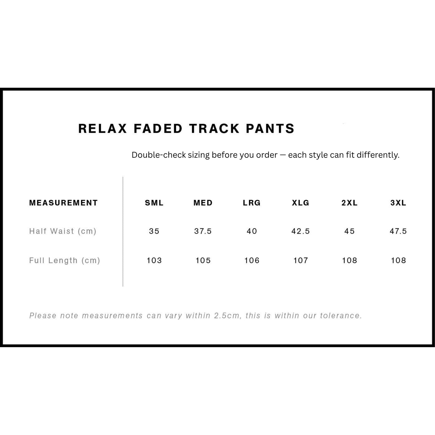 Size chart for relax faded track pants with measurements in centimeters.