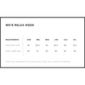 Measurement chart for 'Wo's Relax Hood' with size chart and tolerances.