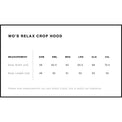 Measurement chart for 'Wo's Relax Crop Hood' with size options and dimensions.