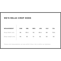 Measurement chart for 'Wo's Relax Crop Hood' with size options and dimensions.