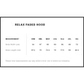 Measurement chart for relax faded hood with size options.