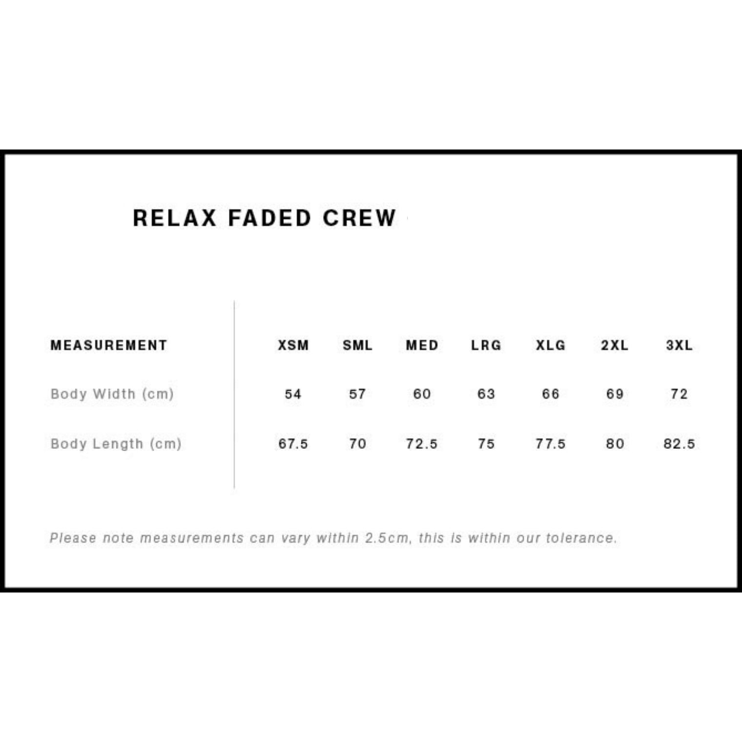 Size chart for 'Relax Faded Crew' clothing with measurement details.